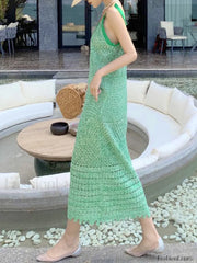 Lace Up Green Crochet Knit Maxi Dress Green / ONE SIZE Maxi Dresses