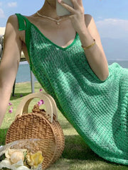 Lace Up Green Crochet Knit Maxi Dress Green / ONE SIZE Maxi Dresses
