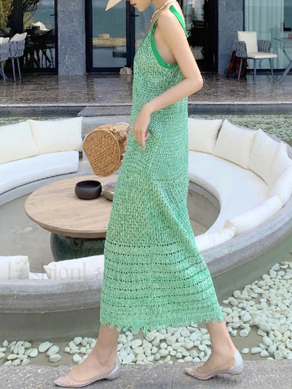 Lace Up Green Crochet Knit Maxi Dress Green / ONE SIZE Maxi Dresses
