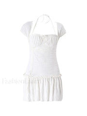 Lace Up Ruffle Halter Mini Dress Mini Dresses