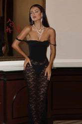 Lace Waist Embossed Slim Fit Vest Maxi Dress Black / S