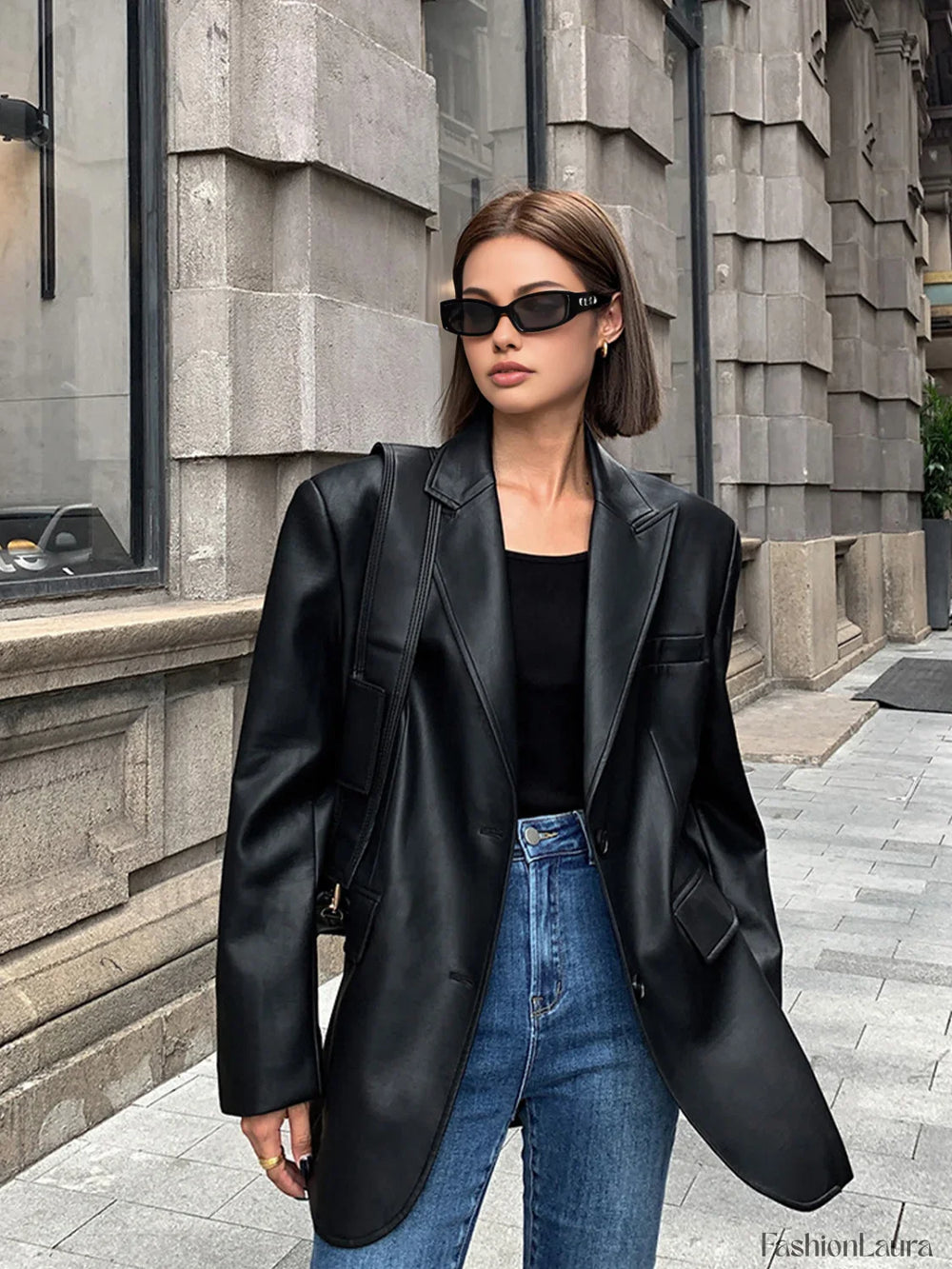 Lapel Pockets Leather Blazer Blazers