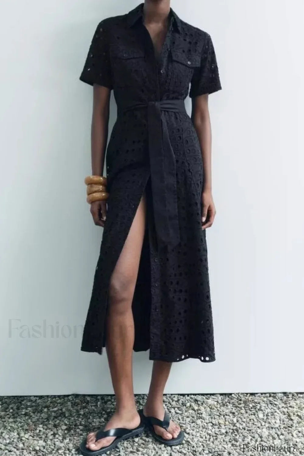 Lapel Waist Cinched Hollow A Line Work Dress Black / S