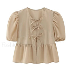 Leopard Sweet Bubble Casual Shirt Blouse Khaki / XS