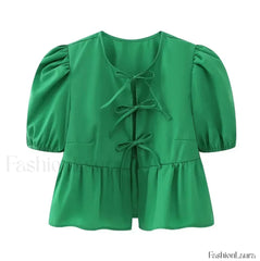 Leopard Sweet Bubble Casual Shirt Blouse Green / XS