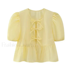 Leopard Sweet Bubble Casual Shirt Blouse Light Yellow / XS