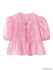 Leopard Sweet Bubble Casual Shirt Blouse Pink / XS