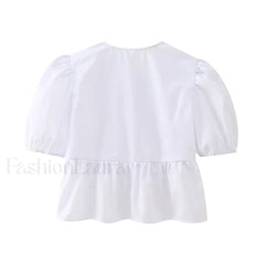 Leopard Sweet Bubble Casual Shirt Blouse WHITE / XS