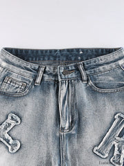 Letter Patch Faded Boyfriend Jeans Boyfriend Jeans