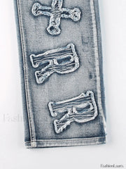 Letter Patch Faded Boyfriend Jeans Boyfriend Jeans