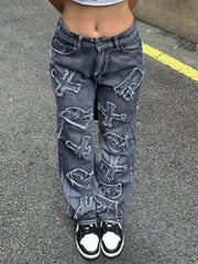 Letter Patch Faded Boyfriend Jeans Boyfriend Jeans