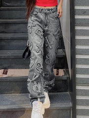 Letter Patch Faded Boyfriend Jeans Boyfriend Jeans