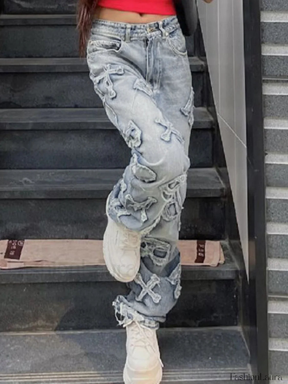 Letter Patch Faded Boyfriend Jeans Boyfriend Jeans