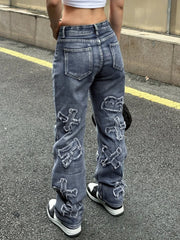 Letter Patch Faded Boyfriend Jeans Boyfriend Jeans