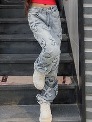 Letter Patch Faded Boyfriend Jeans Boyfriend Jeans