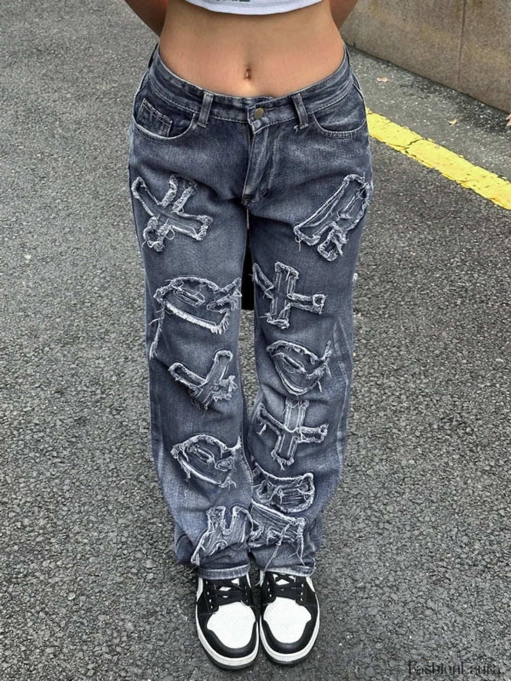 Letter Patch Faded Boyfriend Jeans Boyfriend Jeans