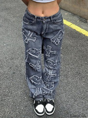 Letter Patch Faded Boyfriend Jeans Boyfriend Jeans