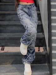 Letter Patch Faded Boyfriend Jeans Boyfriend Jeans