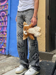 Letter Patch Faded Boyfriend Jeans Boyfriend Jeans