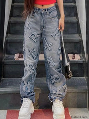 Letter Patch Faded Boyfriend Jeans Navy Blue / S Boyfriend Jeans