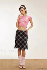 Lettuce Edge Mesh Plaid Skirt
