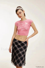 Lettuce Edge Mesh Plaid Skirt