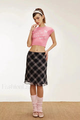 Lettuce Edge Mesh Plaid Skirt