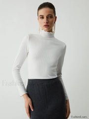 Lettuce Trim Mock Trendy Neck Long Sleeve Shirt White / S T Shirts