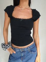 Like That Lace Trim Modern Cap Sleeve Crop Top Black / S T Shirts