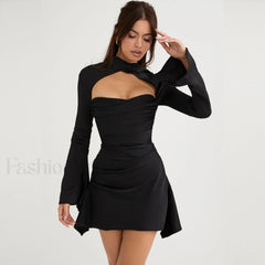 Long Sleeve Draped Satin Mini Dress Black S / Black Party Dresses L
