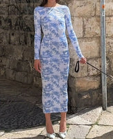 Long Sleeve Ribbed Floral Dress Blue / S