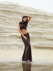 Maillard Asymmetric Graceful Pleaded Sleeveless Blouse Blouses