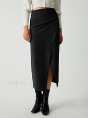 Maple Wrap Graceful Slit Midi Skirt Black / XS Skirts