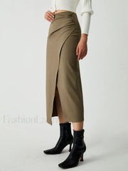 Maple Wrap Graceful Slit Midi Skirt Khaki / XS Skirts