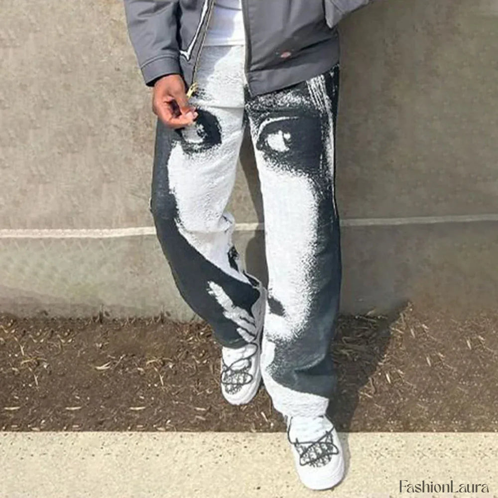 Men’s Casual Dark Gothic Basketball Pants with Human Face Design