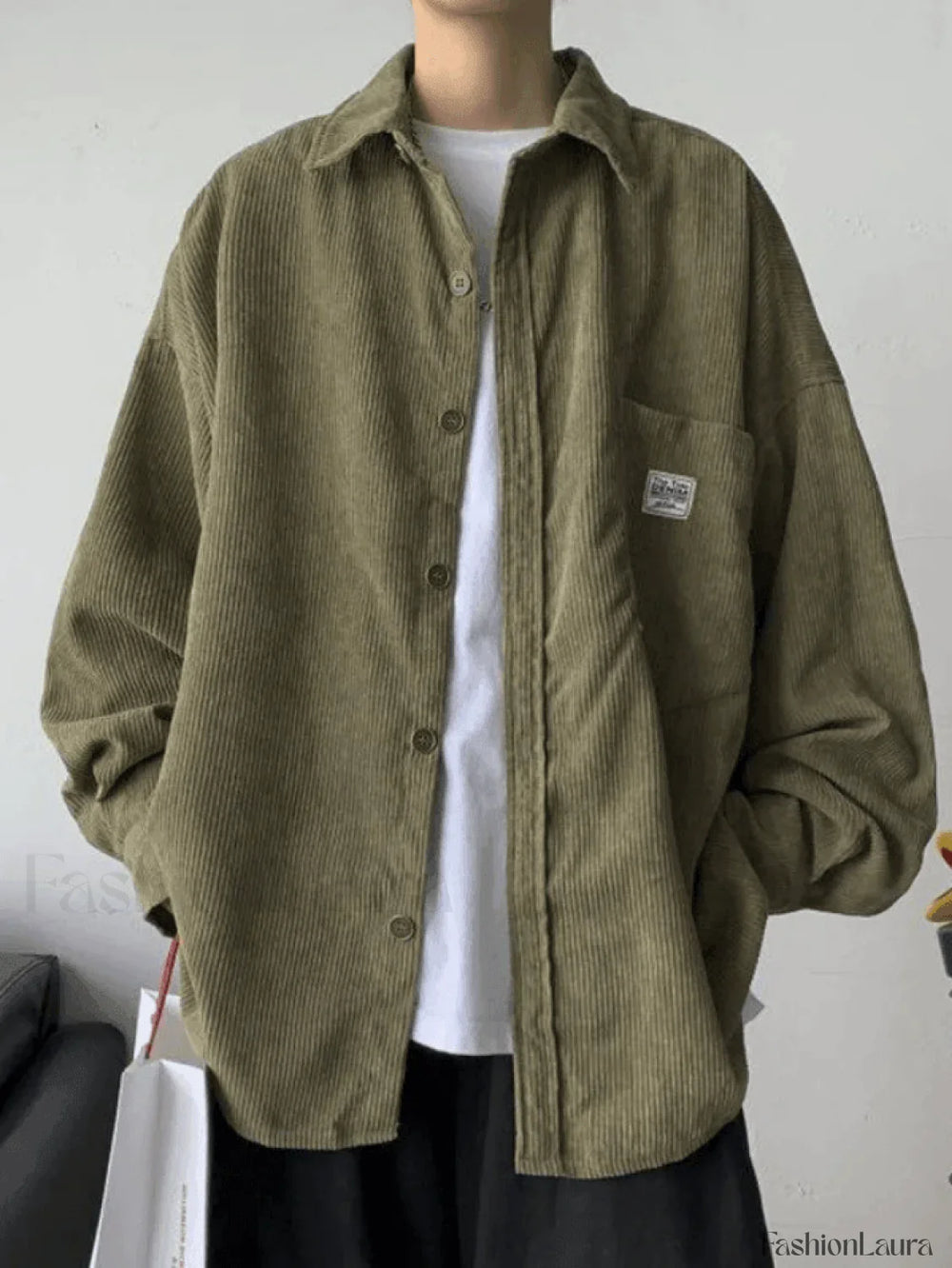 Men’s Corduroy Loose Button Down Shirt Green / M Tops&Tees