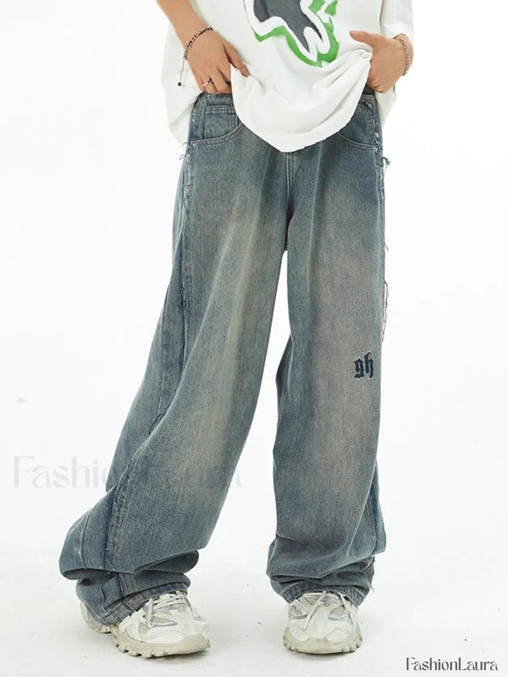 Men’s Faded Patchwork Distressed Loose Jeans loose jeans