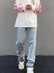 Men’s Letter Embroidered Light Wash Loose Jeans loose jeans