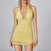 Mesh Deep V Neck Mini Dress Yellow / S