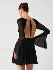Mesh Flare Sleeve Trendy Open Back Short Dress Black / S Dresses