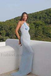 Mesh Halter Floral Backless Maxi Dress Blue / XS