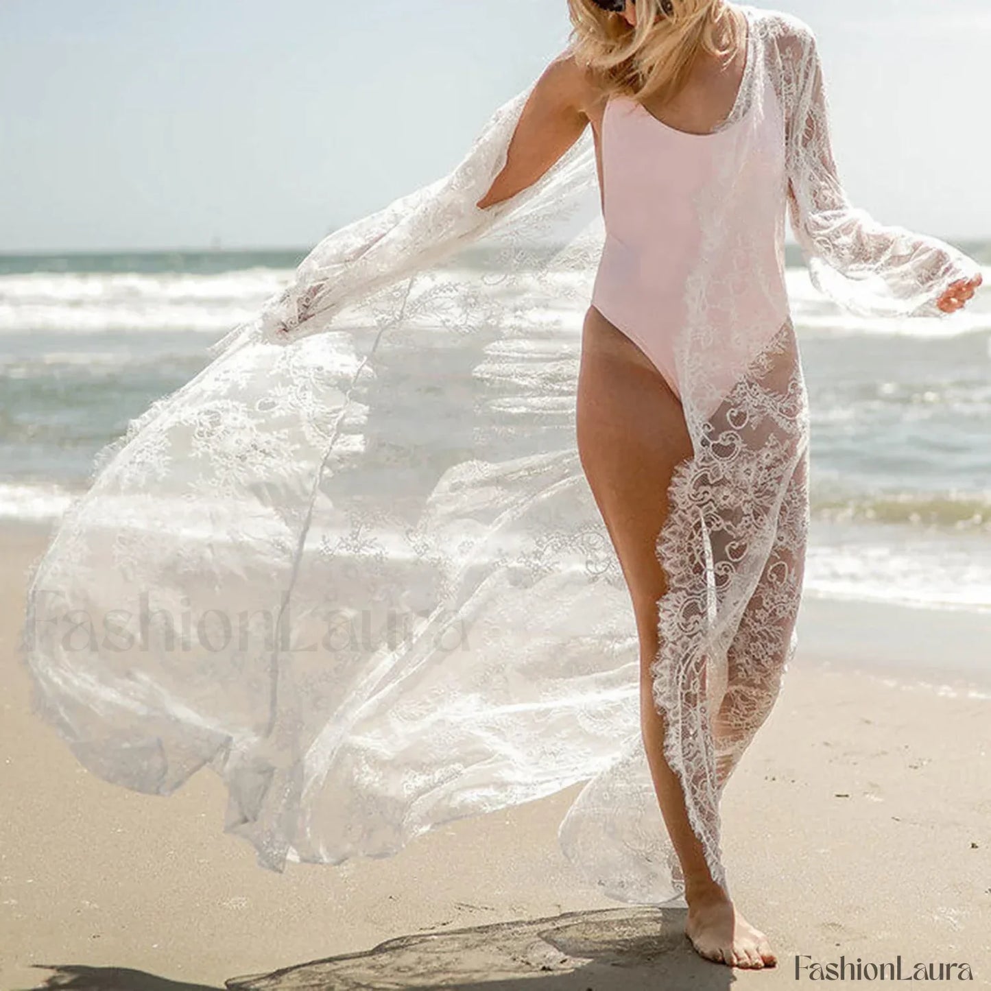Mesh Lace Long Sleeve Cover Up WHITE / M