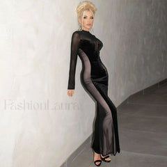 Mesh Panel Velvet Mock Neck Long Sleeve Sheer Maxi Dress Black M / Black Party Dresses L