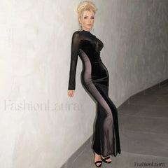 Mesh Panel Velvet Mock Neck Long Sleeve Sheer Maxi Dress Black M / Black Party Dresses L