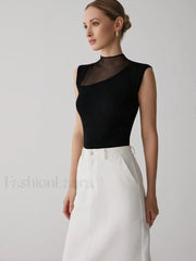 Mesh Patchwork Graceful Sleeveless Top Sweaters L