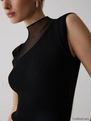 Mesh Patchwork Graceful Sleeveless Top Sweaters L