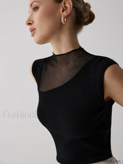 Mesh Patchwork Graceful Sleeveless Top Sweaters L