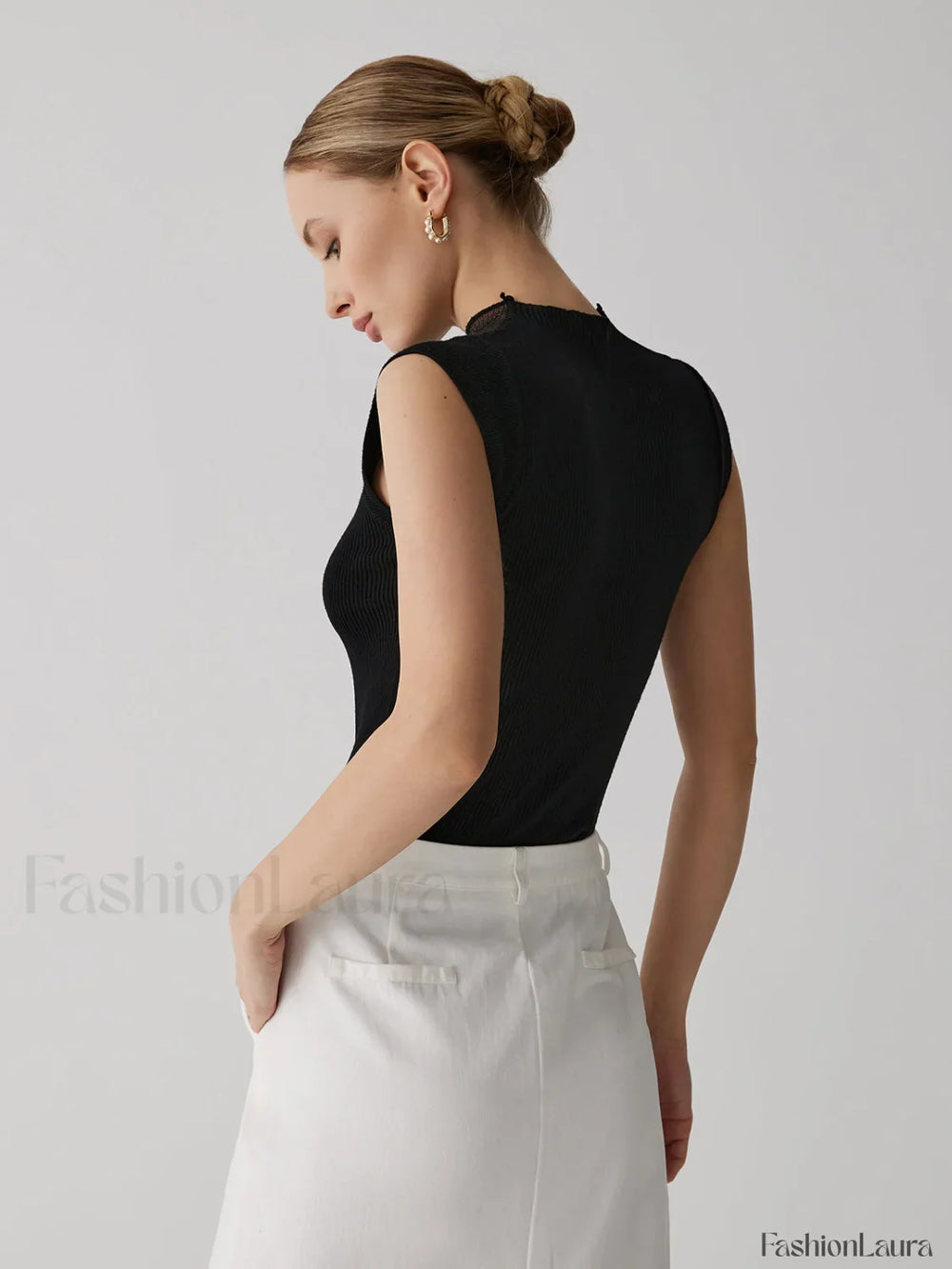 Mesh Patchwork Graceful Sleeveless Top Sweaters L