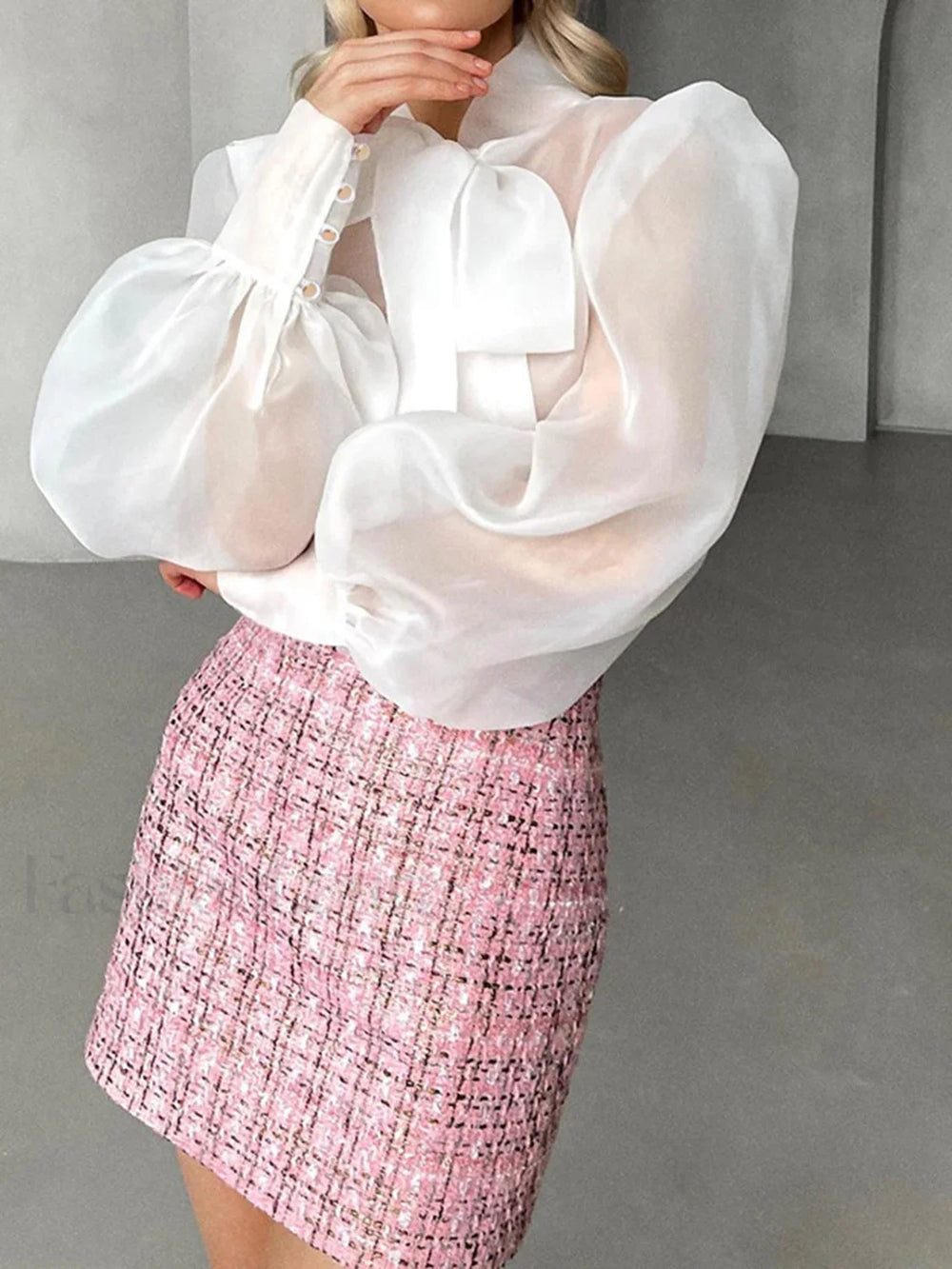 Mesh Puff Graceful Sleeve Knot Front Shirt White / L Shirts