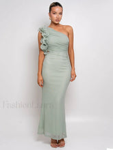 Mesh Ruched Oblique Maxi Dress Green / S